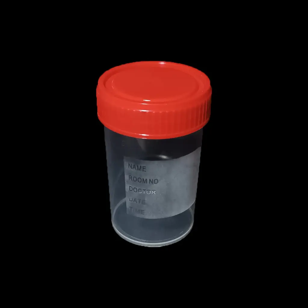 Lọ mẫu nước tiểu nhựa PP 60ml, nắp đỏ, có nhãn [Medisure™ Urine sample container PP 60ml, red cap, label]
