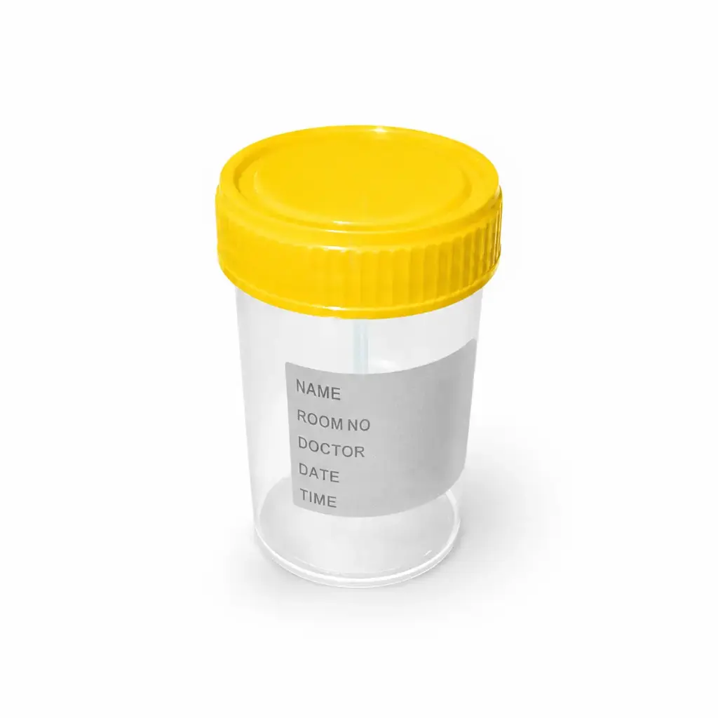 Lọ mẫu phân nhựa PP 60ml, nắp vàng, có nhãn [Medisure™ Stool sample container PP 60ml, yellow cap, label]