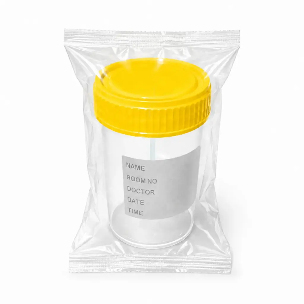 Lọ mẫu phân nhựa PP 60ml, nắp vàng, có nhãn, tiệt trùng [Medisure™ Stool sample container PP 60ml, yellow cap, label, sterilized]