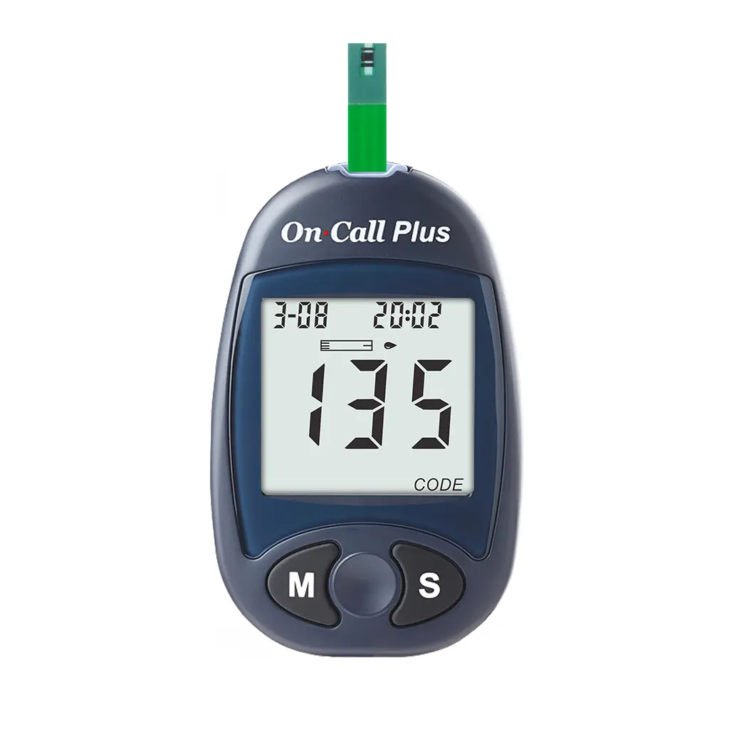 Bộ máy đo đường huyết (Oncall Plus Blood Glucose Meter, mg/dL) kèm que, gồm 01 máy và 01 hộp que Plus 25 test dạng lọ