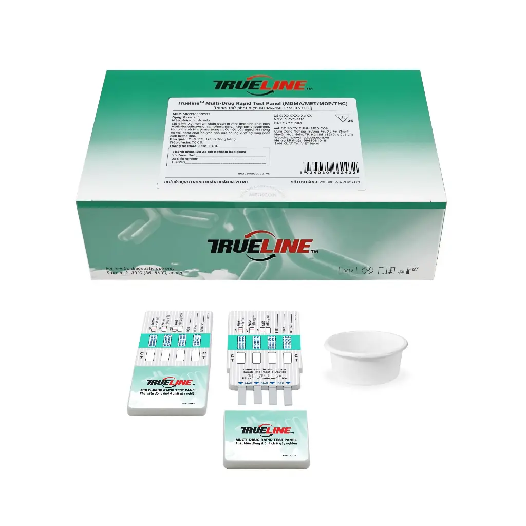 Panel thử xét nghiệm định tính Ecstasy, Methamphetamine, Morphine và Marijuana [Trueline™ Multi-Drug Rapid Test Panel (MDMA/MET/MOP/THC)]