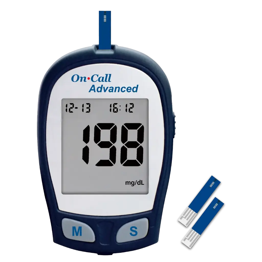Máy đo đường huyết (Oncall Advanced Blood Glucose Meter), mmol/L kèm que, gồm 01 máy và 01 hộp que 25