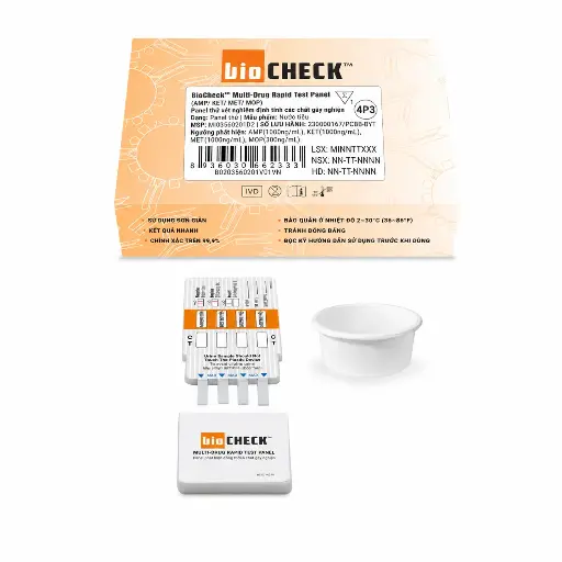 Panel thử xét nghiệm định tính Amphetamine, Methamphetamine, Morphine và Marijuana [Biocheck™ Multi-Drug Rapid Test Panel (AMP/MET/MOP/THC)]