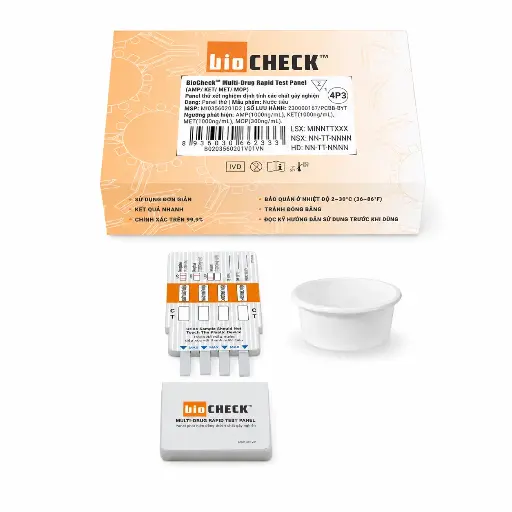 Panel thử xét nghiệm định tính Amphetamine, Ketamine, Methamphetamine và Morphine [Biocheck™ Multi-Drug Rapid Test Panel (AMP/KET/MET/MOP)]