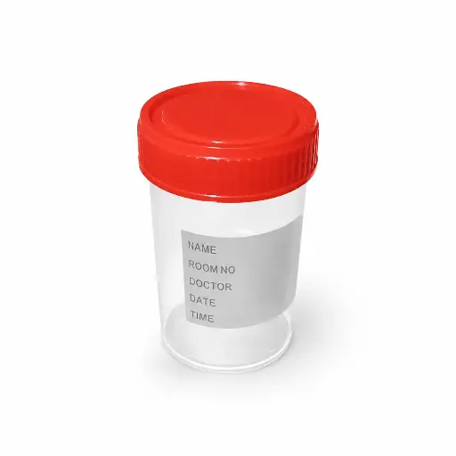 [PFA0010502] Lọ mẫu nước tiểu nhựa PP 60ml, nắp đỏ, có nhãn [Medisure™ Urine sample container PP 60ml, red cap, label] (Túi 100)