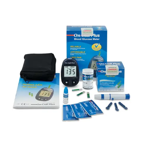 Bộ máy đo đường huyết (Oncall Plus Blood Glucose Meter, mg/dL) kèm que, gồm 01 máy và 01 hộp que Plus 25 test dạng lọ (Gói 1)