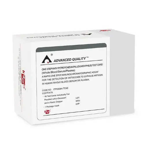 [ITP03004-DS50] Định tính phát hiện sự có mặt của kháng thể kháng Syphilis trong máu toàn phần, huyết tương hoặc huyết thanh của người (Diagnostic Kit for Antibody to Treponema Pallidum (Colloidal Gold)) (50 xét nghiệm/hộp)